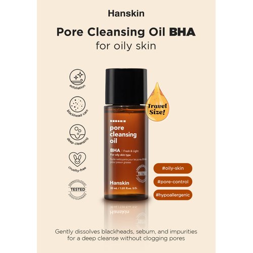 Hanskin BHA Pore Cleansing Oil, Sample Trial Size, Travel Size Mini Makeup Remover Set, Gentle Blackhead Cleanser for Combination and Oily Skin [30 ml/Pack of 3]