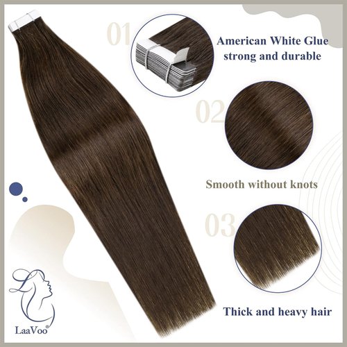 LaaVoo Dark Brown Tape in Hair Extensions Human Hair #4 Tape Hair Extensions Real Human Hair Silky Straight Brown Hair Extensions Tape ins 20 Pieces 14 Inch 40g
