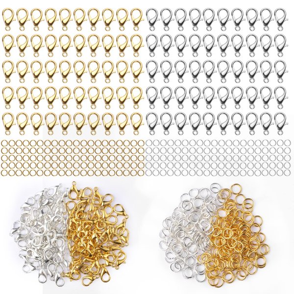 300 pcs Lobster Clasps and Open Jump Rings Set, Jewelry Clasps Lobster Claw Clasps for Jewelry Making Findings&Bracelets Stocking Stuffers Christmas Gifts(Gold, Silver)
