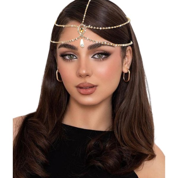 SAWINDA Gold Head Chain Rhinestone Head Jewelry Crystal Pearls Pendant Headpiece Wedding Bridal Hair Chains Headbands Halloween Costume Prom Indian Head Piece for Women and Girls