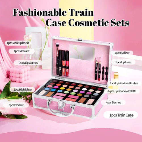 YBUETE Beginner Makeup Kit for Teen,Makeup Gift Set for Girl Women,Beginner Makeup Kit with Cosmetic Train Case Included 32 Colors Eyeshadow Blusher Contour Lip Gloss Lip Liner Mascara Eyeliner Mirror