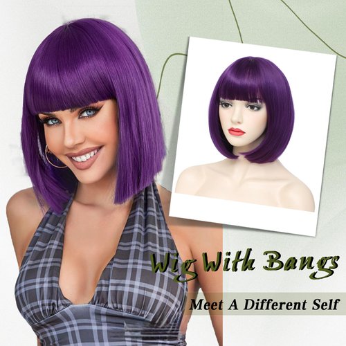 Angzon Purple Bob Wigs with Bangs Short Straight Bob Wigs For Women Shoulder Length Synthetic Bob Wigs For Halloween Daily Party Cosplay