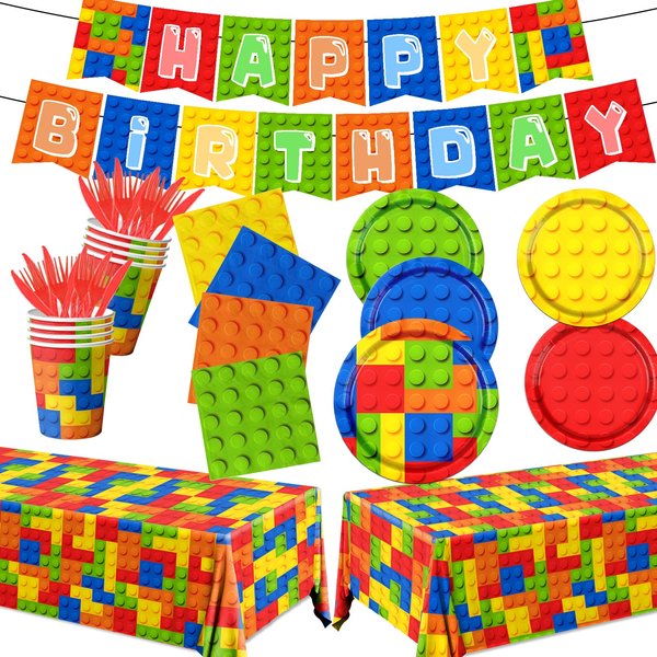 Building Block Birthday Party Supplies,143pcs Building Block Tableware Set Colorful Blocks Bricks Plates and Napkins Supplies Include Plates Cups Tablecloth Banner for Building Block Party