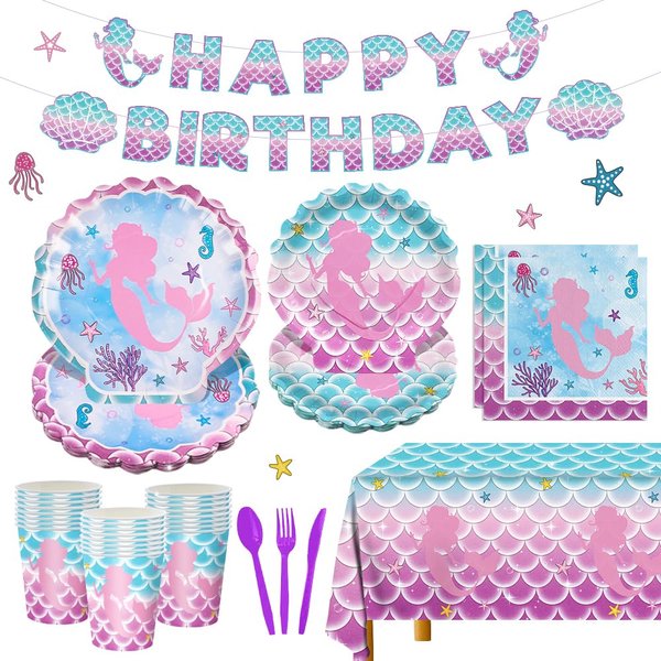 170pcs Mermaid Birthday Party Supplies Mermaid Party Decorations Includes Paper Plates Napkins Tablecloth Banner Cups Banner Forks for Baby Shower Ocean Birthday Party Decorations Serve 24