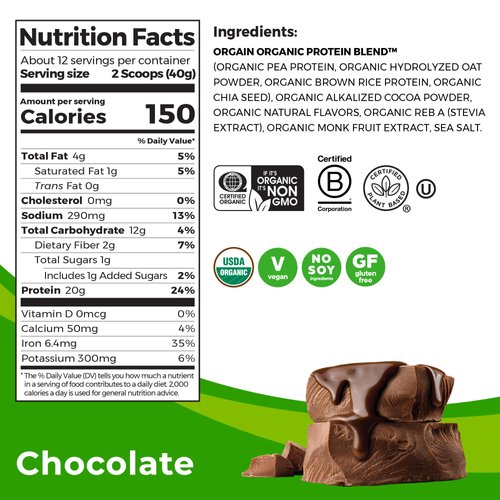Orgain Organic Vegan Protein Powder + Oat Milk, Chocolate - 20g Plant Based Protein, Gluten Free, No Dairy, Soy or Lactose Ingredients, Low Sugar, Non-GMO, Kosher, For Shakes & Smoothies - 1.05lb