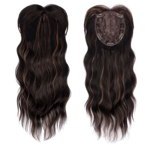 PORSMEER Hair Toppers for Women 18 inch Wavy Curl Hair Topper for Women Synthetic Hair Pieces for Women with Thinning Hair Clip In Hair Topper Wiglets with Fringe (Natural black with Hihglights)