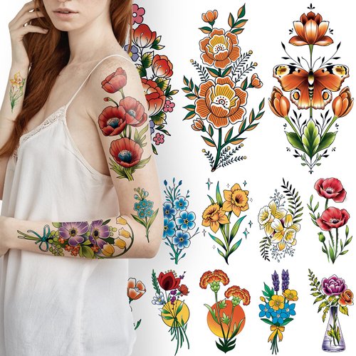 EMOME 15 Sheets Half Arm Colorful Flower Temporary Tattoos for Women, 64 Sheets Fake Tattoo Stickers for Women Girls, Long Lasting Waterproof Temporary Tattoos Adult on Body Art Decorations