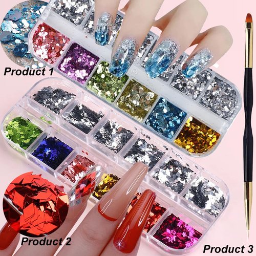24 Grids Rhombus Hexagon Mermaid Holographic Glitter Nail Art Sequins Silver Colorful Collocation 3D Shiny Nail Art Flakes Acrylic Supplies Glitter Accessories Mirror Gradient Effect Nail Art Design
