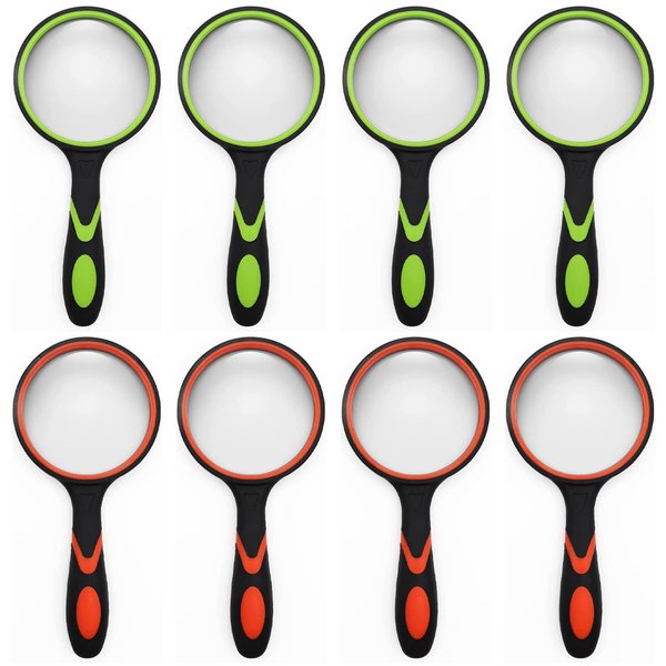 SHENGQIDZ 8 Pack 8X Handheld Magnifying Glass Reading Magnifier for Seniors and Kids, 50mm Magnifying Glass Lens with Non-Slip Rubber Handle for Reading Hobbies and Science