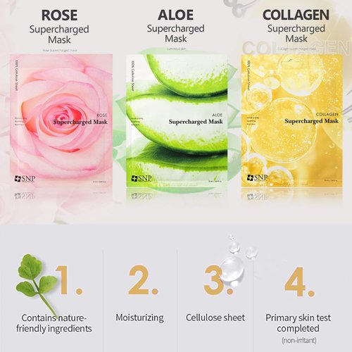 SNP - Supercharged Korean Face Sheet Mask - 12 Sheets Variety - 4 Collagen, 4 Aloe, 4 Rose- Best Gift Idea for Mom, Girlfriend, Wife, Her, Women