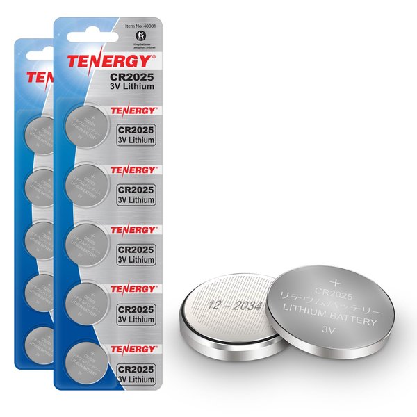 Tenergy CR2025 3V Lithium Button Coin Cell Batteries, Ideal for Key Fob Battery cr2025, Watches, Calculators, Thermometers, Glucometers, and More, 10 Pack