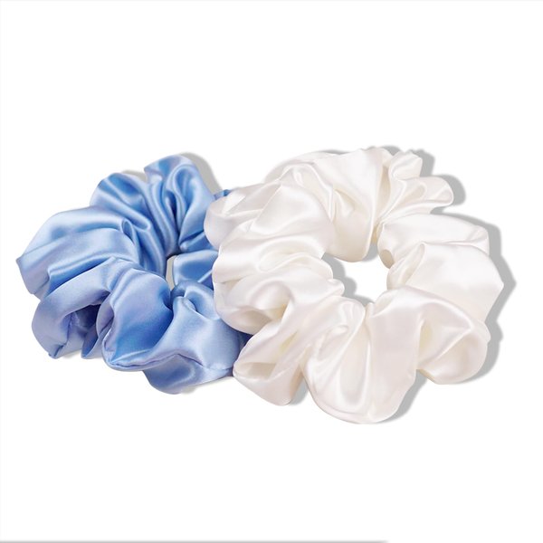 QIYUE 100% Mulberry Silk Scrunchies for Hair,22 Momme Hair Elastics Bands,Hair Ties Ropes Ponytail Holder for Women Girls Hair Accessories Decorations (Ivory,Blue)