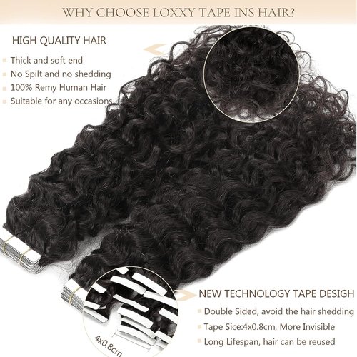 Loxxy Tape in Hair Extensions Curly Human Hair Thick Jerry Curly Remy Hair Tape in Hair Extensions for Goddess 3B 3C 50grams Curly Hair Extensions Tape in Double Sided Invisible Adhesive 20pcs 22inch
