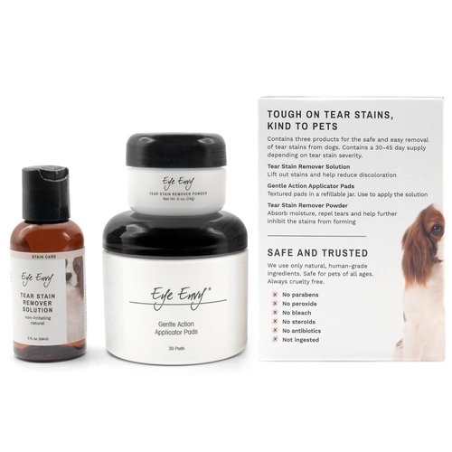 Eye Envy Dog Tear Stain Remover Starter Kit | Tear Stain Essentials in one kit at a 2-Step System | Lasts 30-45 Days | Solution 2 fl.oz, Applicator Pads 30 Count and Powder 0.5oz