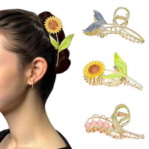 COSDAD 3PCS Cute Hair Claw Clips - Non-Slip Metal Flower Clips for Women with Thick Hair - Strong Hold Hair Accessories for Girls - Sunflower, Bell orchid, Fishtail Flower Designs