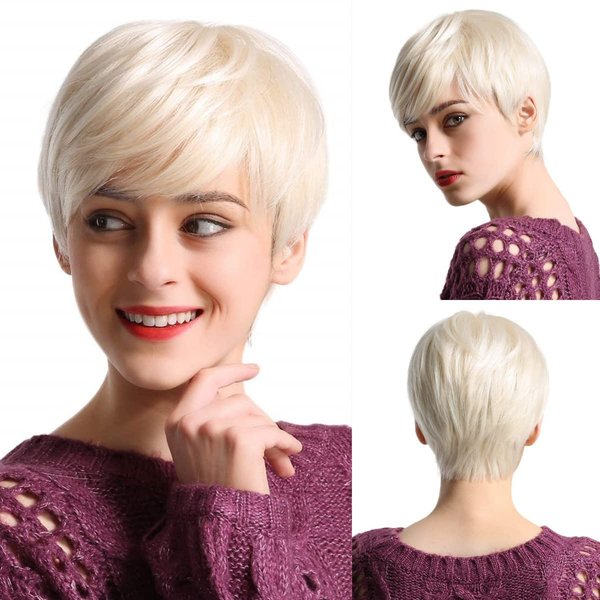 EMMOR Short Platinum Blonde Blend Human Hair Wigs for Women Pixie Cut Wig With Bang,Natural Daily Use Hair (Color 600#)