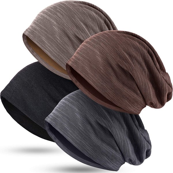 4 Pieces Slouchy Beanie Hat Baggy Skull Sleep Cap Stretch Knit Sleeping Hat Headwear Head Wrap Cap for Men Women