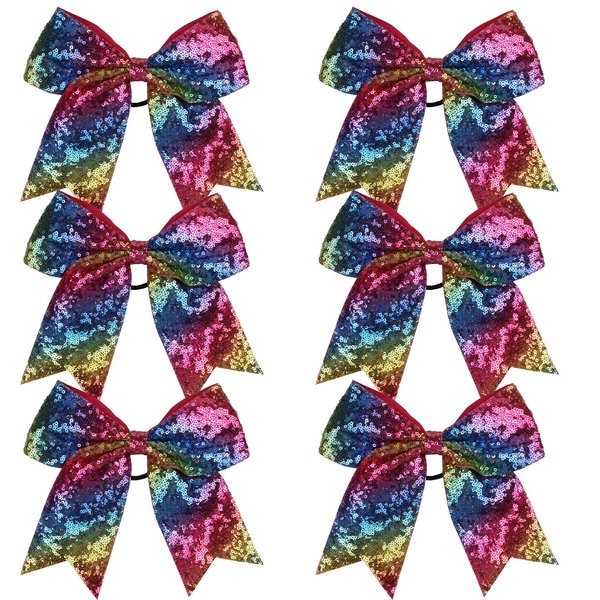 Metallic Sequin and Holographic 8 Inch Cheer Bow Cheerleader Cheerleading Jumbo Cheer Bow Hair Tie (Rainbow Sequin)