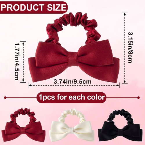 CustomyLife 3pcs Silk Bow Scrunchies Black Red White Bowknot Hair Ties Ropes Elastic Bands Ponytail Holder Wedding Bachelorette Party Accessories for Thick Thin Long Hair Women Teen Girls