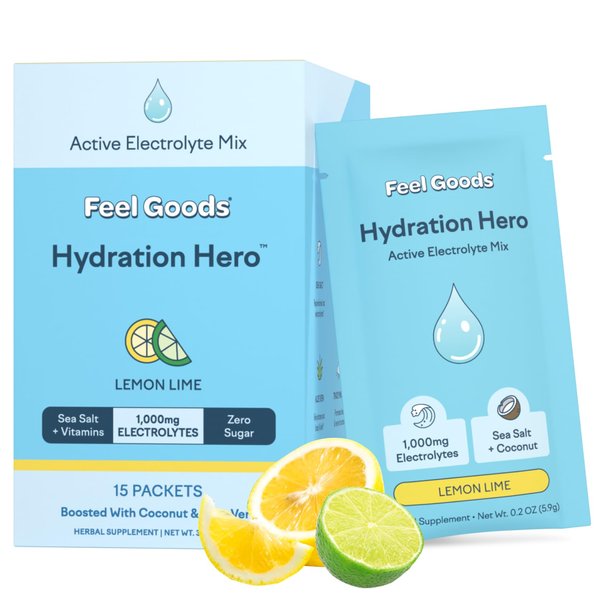 Feel Goods Hydration Hero, 1,000mg Electrolytes Powder, Sugar Free, Magnesium, Organic Aloe Vera, L Theanine, Vitamin C & B12, Non GMO, Keto, Vegan, Electrolyte Packets | Lemon Lime, 15 Count
