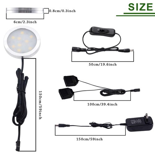 AIBOO 12V LED Under Cabinet Lights Kit 6 Pack Black Cord Aluminum Puck Lamps for Kitchen Counter Closet Lighting with Manual on/Off Switch 12W 6 Lights (4000K Natural White)