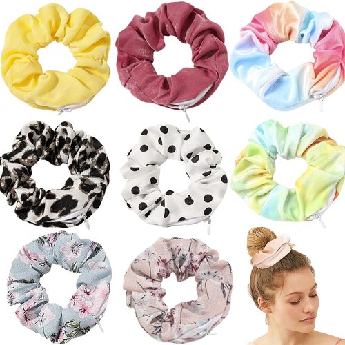 Velvet Dots Hair Scrunchie with zipper pouch hair ties Ropes secret zipper pocket scrunchies Tie Soft Stash Tie Dye Scrunchies Floral Hair Elastic Ties for Vsco Girl Stuff Scrunchies (8 Pcs)