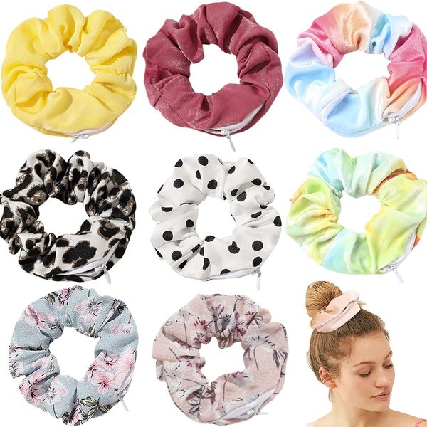 Velvet Dots Hair Scrunchie with zipper pouch hair ties Ropes secret zipper pocket scrunchies Tie Soft Stash Tie Dye Scrunchies Floral Hair Elastic Ties for Vsco Girl Stuff Scrunchies (8 Pcs)