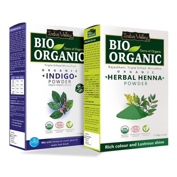 Indus Valley Bio Organic 100% Pure Indigo Powder & Henna Powder Hair Color Combo Kit | Herbal Henna & Indigo Powder Without Preservatives for Natural Hair Dyeing - 100 gm Each