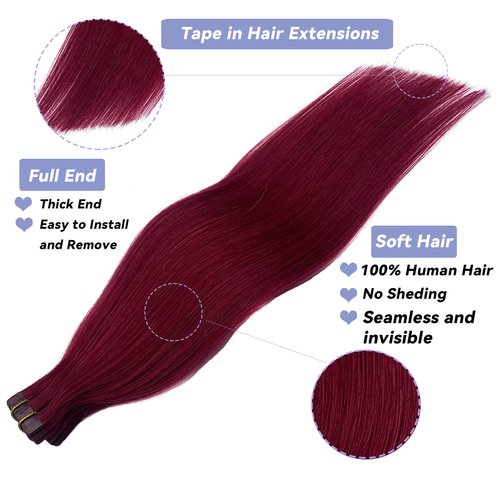 Smavida Tape in Hair Extensions #99J Red Wine Human Hair 20pcs/30grams Seamless Skin Weft Silk Straight Remy Hair Glue in Real Extensions