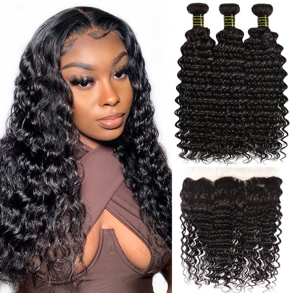 Brazilian Deep Wave 3 Bundles with Frontal Unprocessed Virgin Human Hair Bundles Ear to Ear Lace Frontal with Bundles Deep Curly Frontal with Bundles Human Hair Extensions Natural Color (12 14 16+10)