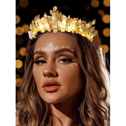 Yean Gold Leaf Wedding Headband LED Raw Quartz Hair Band Fairy Headpiece Ligth Up Hair Accessories for Women and Girls