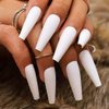 Outyua Matte White Press on Nails Coffin Long Fake Nails Solid Acrylic False Nails with Designs Cute Full Cover Nails 24Pcs (White)