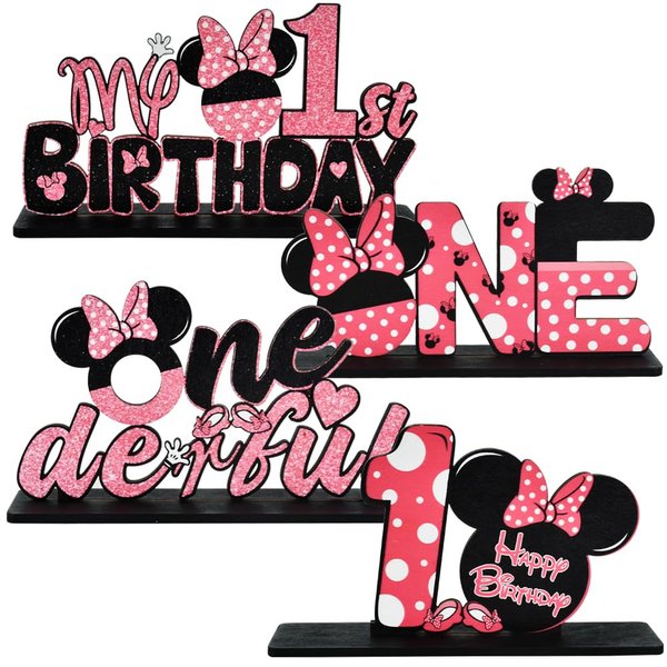 TONIFUL Pink Mouse 1st Birthday Party Supplies 1st Table Centerpieces Pink Mouse Theme Design Sturdy Wooden for Girl ONE Year Old Birthday Favors 1st Birthday Party Decorations(4 Pcs)