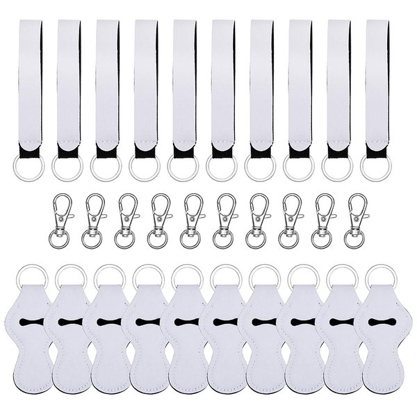 20 Pack Sublimation Blanks Chapstick Holder Keychains, Neoprene Lipstick Holder Keychainr with Lanyards Wristlet and 10 Metal Clip Cords