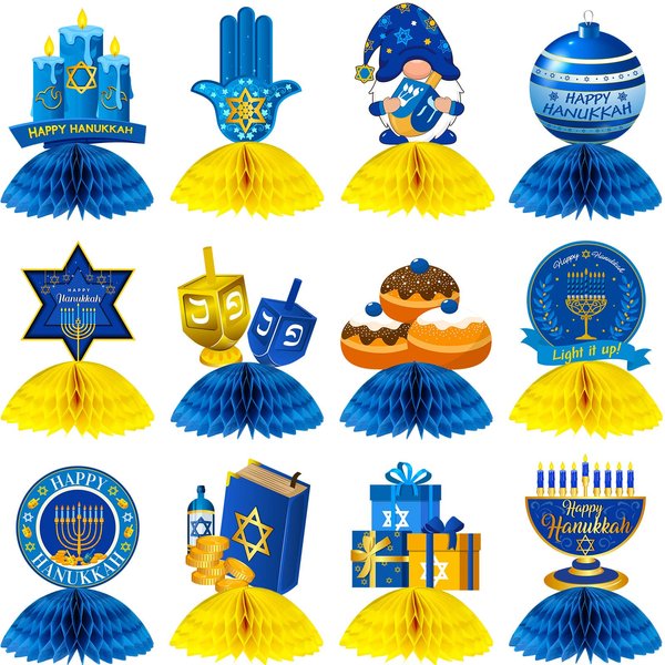 12 Pcs Hanukkah Party Decorations Honeycomb Centerpieces Hanukkah Table Centerpiece Christmas Hanukkah Table Decoration Holiday Party Menorah Dreidel for Winter Snow Day Chanukah Party Supplies