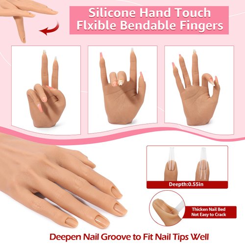 LIONVISON Practice Hand for Acrylic Nails, Realistic Silicone Nail Hand Practice, Flexible Fake Nail Mannequin Training Hand for Nail Practice, Acrylic Nail Art Practice Tool (with Visible Joints)