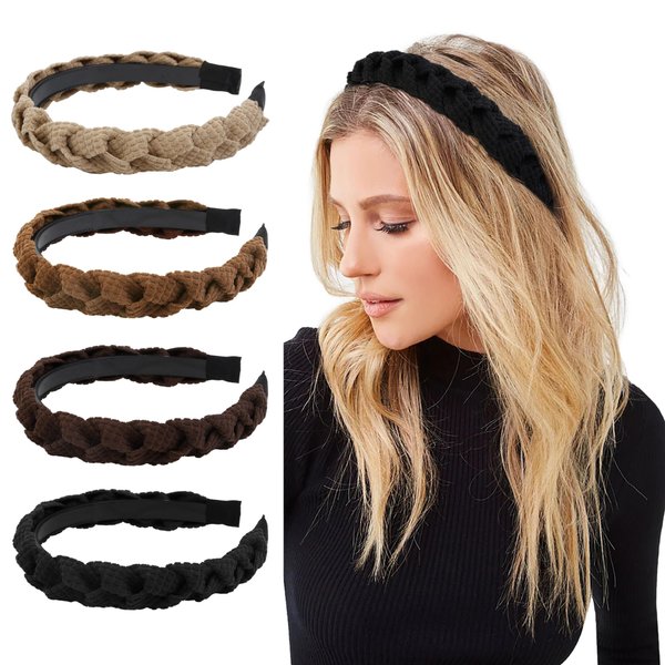 WOVOWOVO Braided Headbands for Women Girls Fashion Head Bands for Women’s Hair, 4 Pieces Wide Twist Hairbands Thick Comfortable Hair Accessories Brown Beige Headband