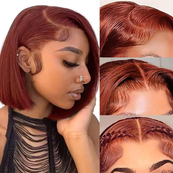 Reddish Brown Short Bob Lace Front Wigs Human Hair 13x4 Auburn Colored Brown Copper Red HD Transparent Glueless Straight Lace Frontal Wigs Brazalian Virgin Human Hair Pre plucked with Babe Hair 14 Inc