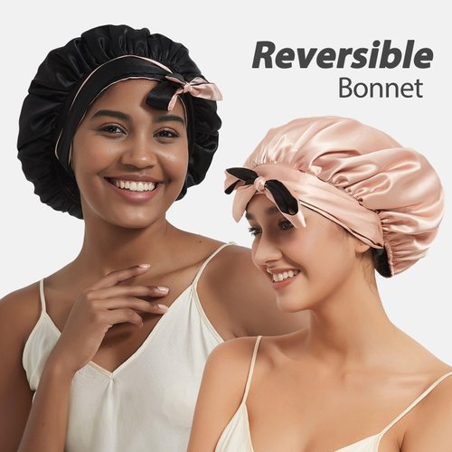 Hat Hut Satin Bonnet Silk Bonnet for Sleeping Cap for Curly Hair Bonnet for Women Double Layer Reversible Satin Bonnet with Tie Band (Pink/Black)