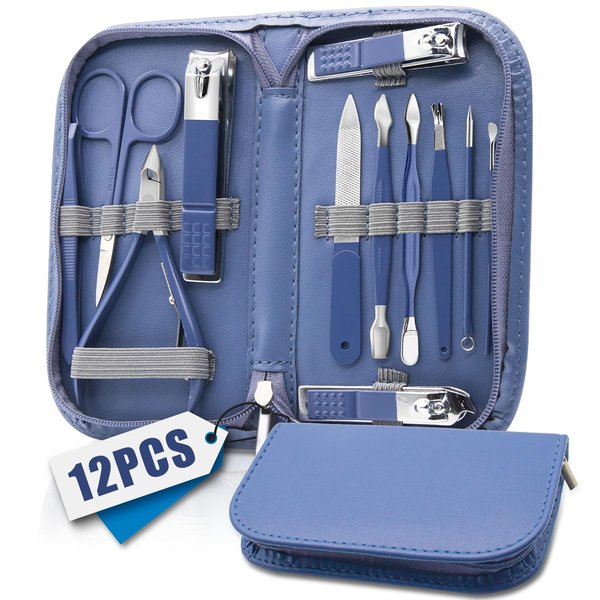 Manicure Set Professional Nail Clippers Pedicure Kit, 12 Pcs Stainless Steel Nail Care Tools Grooming Kit with Luxurious Travel Leather Case for Men Women Gift (Blue)