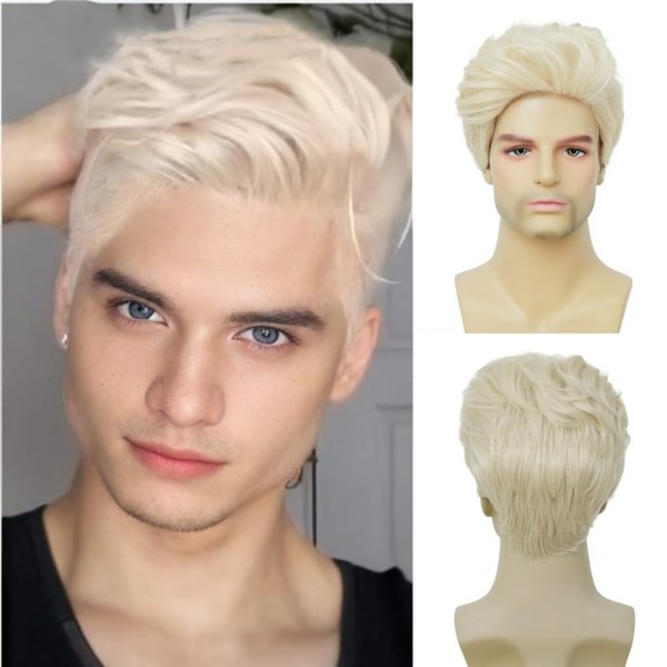 Siudus Mens Blonde Short Wig Natural Synthetic Fluffy Heat Resistant Daily Hair Wig for Male Guy