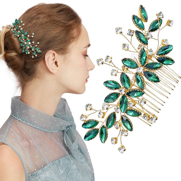 Green Crystal Bride Wedding Hair Side Comb Green Leaf Rhinestone Gold Hair Vine Rhinestone Bride Headpiece Jewelry Wedding Hair Accessories for Women