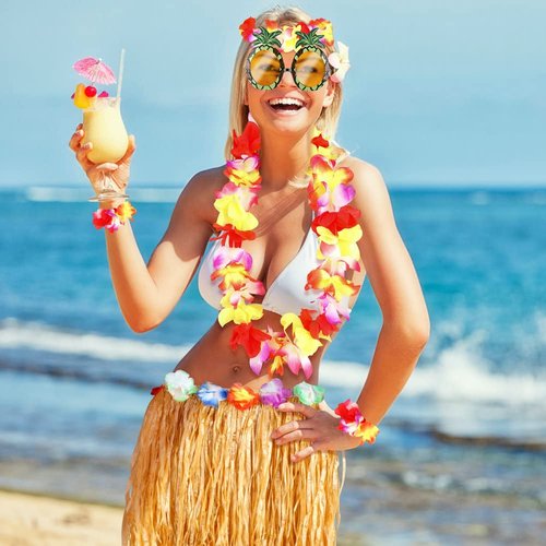 MIVOEDIK Grass Skirt for Adults, Women, Grils Hula Skirt for Hawaiian Luau Party Outfits with Flower Leis and Sunglasses
