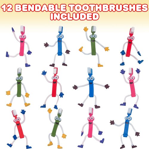 ArtCreativity Bendable Toothbrush Figures, Set of 12, Bendable Toys for Kids, Party Favors for Boys & Girls, Stress Relief Fidget Toys for Kids & Adults, Dentist Office Giveaways, and Pinata Fillers