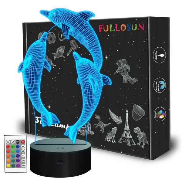 FULLOSUN Night Light for Kids Ocean Dolphin 3D Night Light Porpoise Bedside Lamp with Remote Control 16 Color Changing Xmas Halloween Birthday Gift for Child Baby Girl