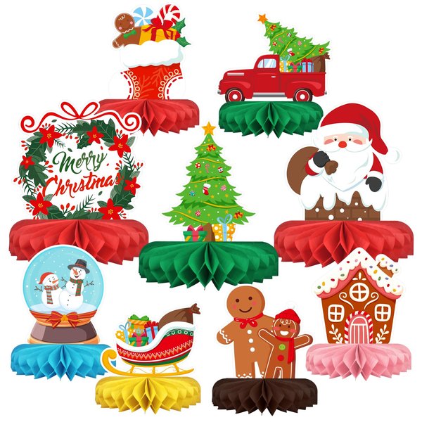 Merry Christmas Party Decorations Bundle - Includes Festive Christmas Honeycomb Centerpieces ，Santa Claus Snowman Table Toppers, Perfect for Classroom Decor, Christmas & Winter Birthday Party Supplies