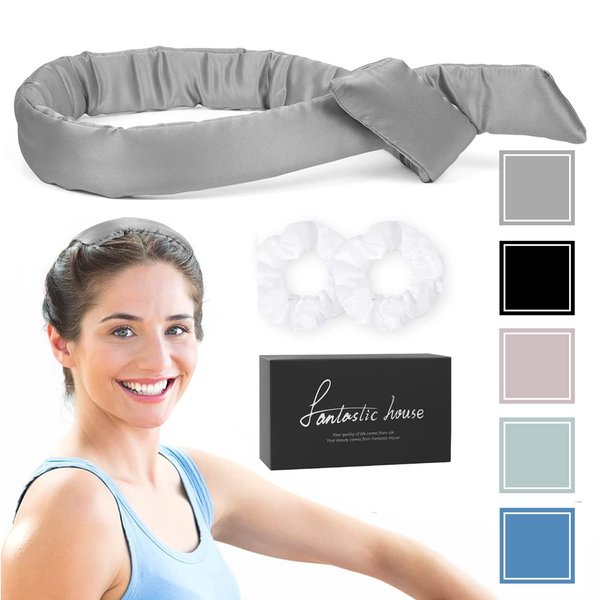 Silk Heatless Hair Curler，Mulberry Silk Overnight Heatless Curls Headband——No Heat Silk Hair Curlers to Sleep In，Heatless Hair Curler for Short Hair & Long Hair (Hair Curler+2 Hair Scrunchies) Grey