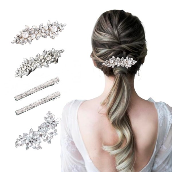 Meckerni 5 Packs Rhinestone Hair Clips for Women, Sliver Pearl Flower Hair Barrettes Crystal Bridal Hair Pins Hair Accessories for Women Wedding