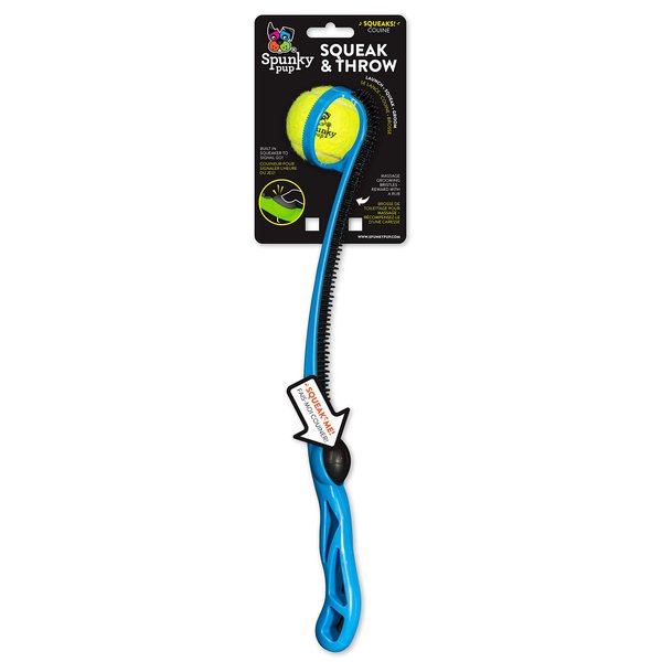 Spunky pup Squeak & Throw Ball Launcher for Dogs | Tennis Ball (Included) | Dog Fetch Toy w/Built-in Training Squeaker | Send Balls Flying Up to 100 ft | Massage Grooming Reward Bristles