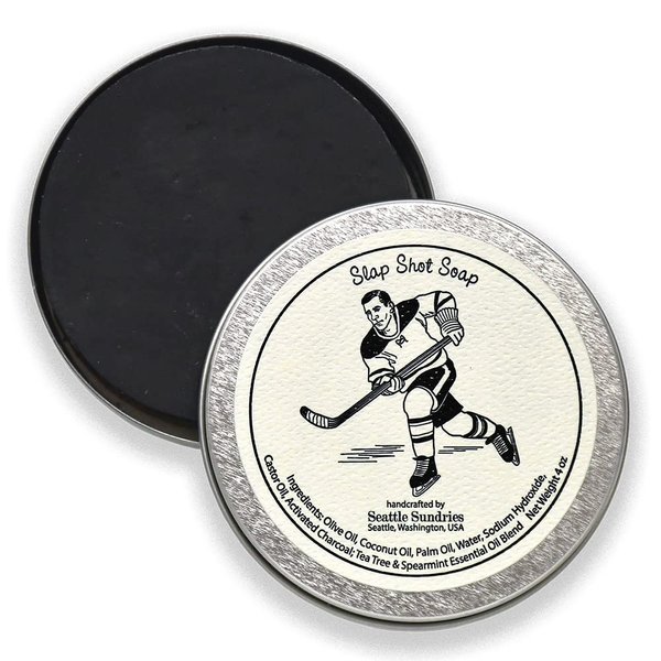 Seattle Sundries Slap Shot Hockey Soap - 3x (4oz) Hand Made Odor Fighting Charcoal Bar Soap in a Low Waste Travel Tin - Hockey Coach Gift Idea Pack Bundle Set